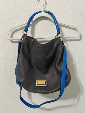 Marc by Marc Jacobs Gray Leather Hobo with Electric Blue Handles & Strap